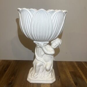 Vintage Cherub Pedestal Planter Vase White Ceramic Lotus MCM 8'